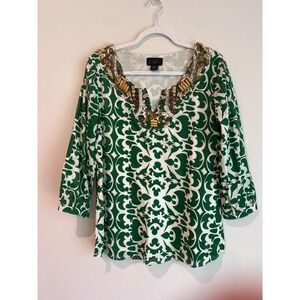 IMAN Tunic Top Green White Pattern Beaded Neckline‎ 3/4 Sleeve Cotton M
